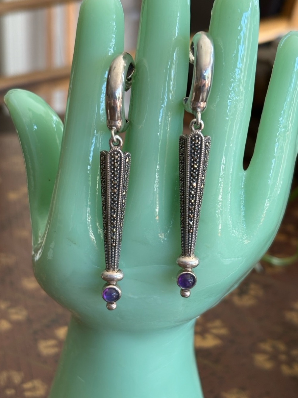 Art Deco Vintage Silver Marcasite Drop Earrings with Amethyst Accents